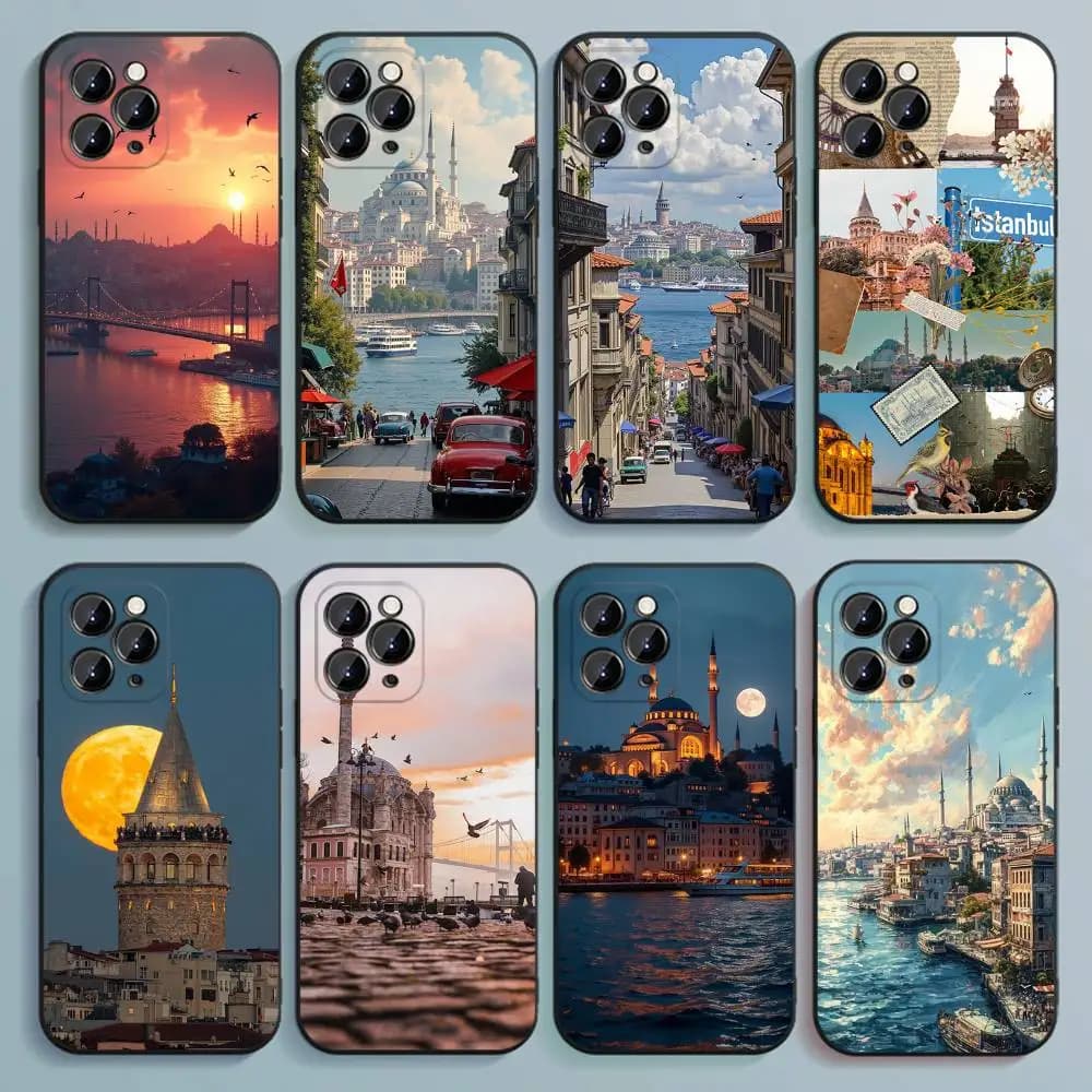 Custodia per telefono con scenario Turchia Istanbul per iPhone 17,16,15,14,13,12,Pro,Max,Plus,E,SE4,Air,Mini Cover morbida nera