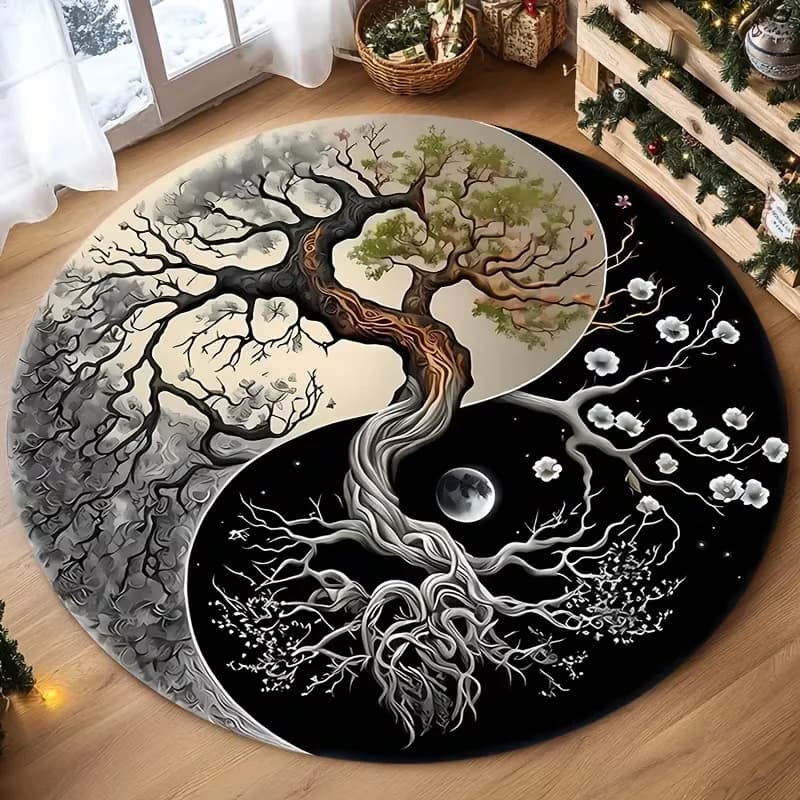 Yin Yang Tree of Life Round Rug Soft Non-Slip Boho Zen Home Decor Floor Mat Black White Tree Moon Design Carpet for Living Room
