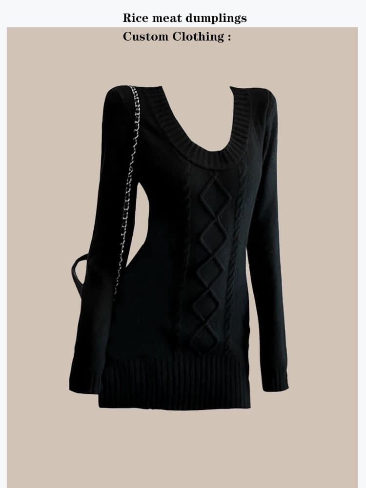 White Moonlight Declaration U-Neck Knitted Dress Long Sleeve Slimming Short Bodycon Sweater Dress Vintage Style Women's Dress