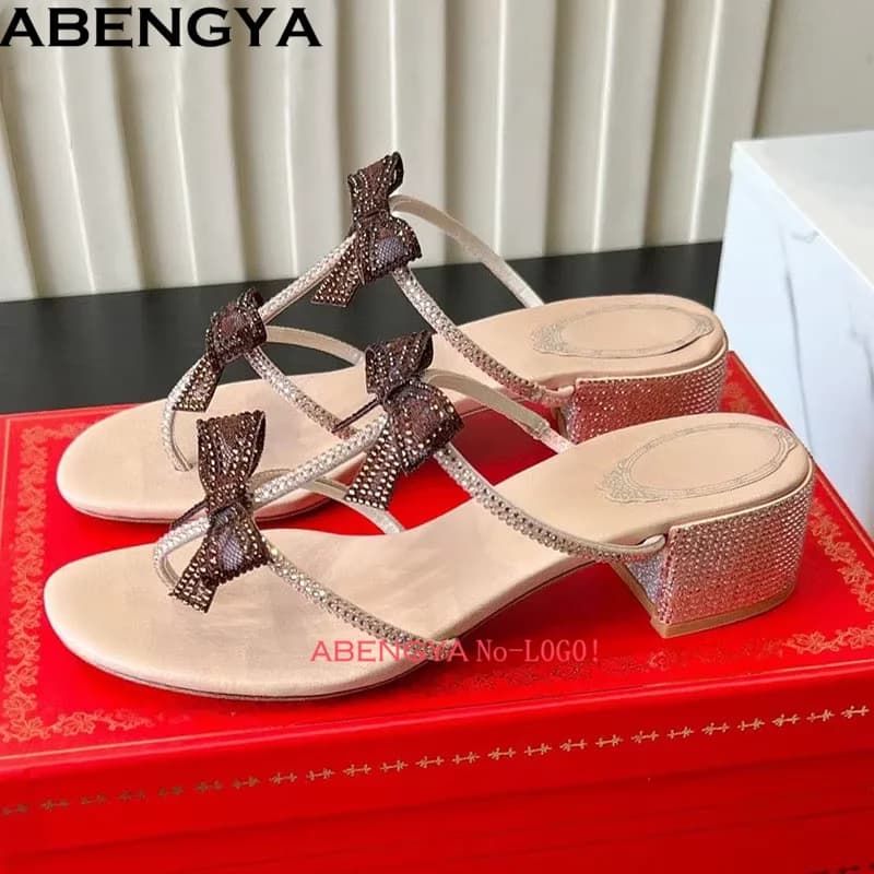 New Summer Crystal Bowknot Slides Square Heels Women's Slipper High Heels Sandals Ladies Flip Flops Dress Shoes Women Slippers