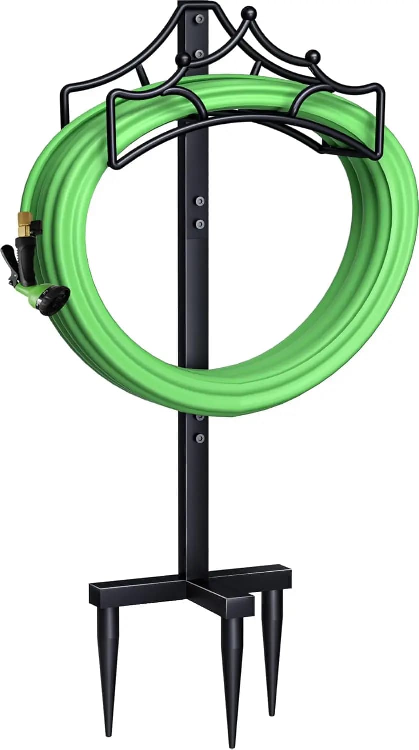 Supporto per tubo da giardino indipendente - Porta avvolgitubo per tubo dell'acqua in metallo per esterni, nero lucido