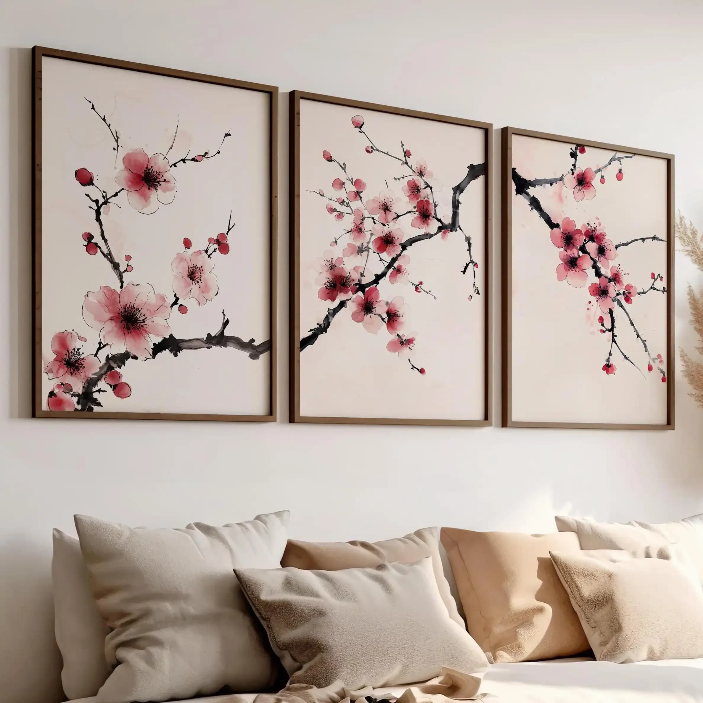 Large-sized Cherry Blossom Branch Print Watercolor Art Set of 3 Poster or Canvas Print, Japanese Tree Branch Art,Pink Flower Sak