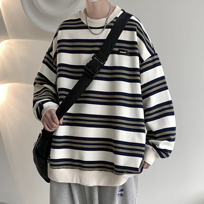 American Lazy Style Men's Hoodie Spring Autumn New round Neck Loose Casual Striped Versatile Clothes Trendy Youth