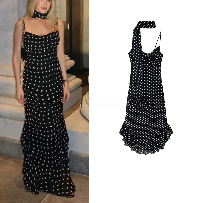Summer New Women's Casual Style Polka Dot Scarf Decorated High Waist Long Strap Dress with Lace Hemline City Commute Suitable