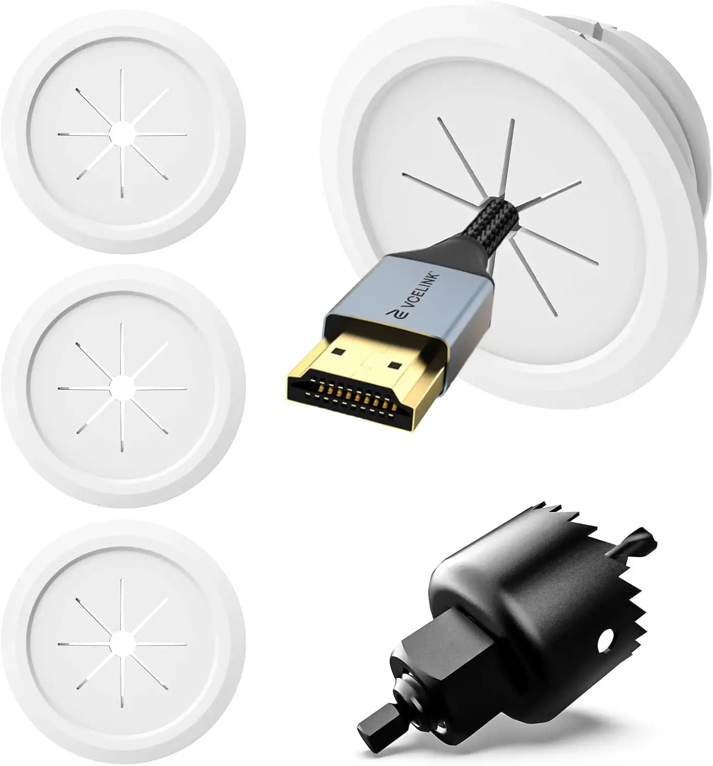 Kit di gestione cavi bianco per TV a parete, mini passacavi da 2,36 pollici a pressione, confezione da 4 passacavi con trapano a foro profondo