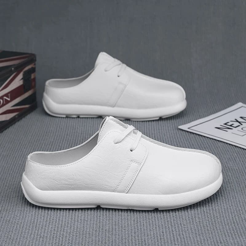 Mules da uomo casual con plateau e punta chiusa, bianche, senza tacco, tipo slip-on