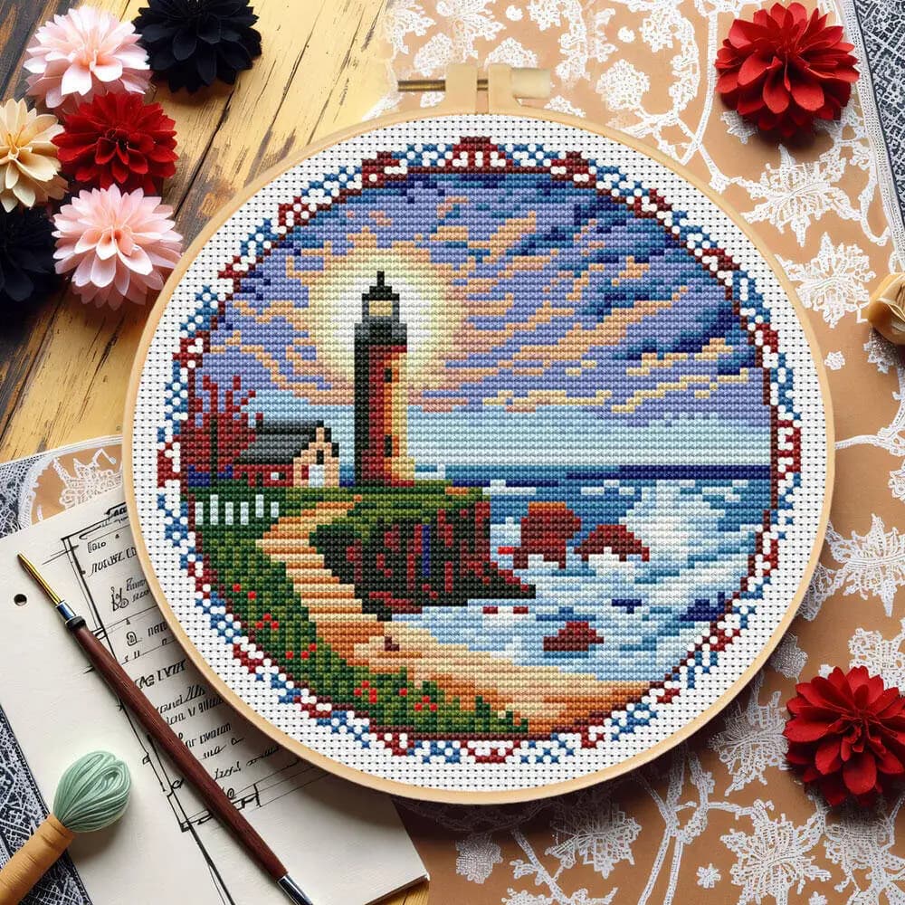 Cross Stitch Lighthouse With Hoop Tools 11CT Landscape Pattern DIY Cross Stitch Printed Canvas Seaside Home Decor