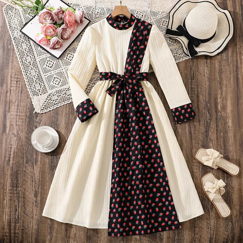 Girls 8-12 Modest Ramadan Daily Dress, Front High Neck Floral Panel Belted Waist/Back Keyhole Neck, Long Sleeve Kids Dress