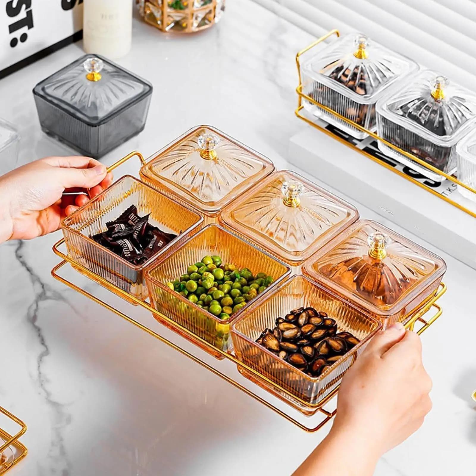 Piatto in Plastica per Frutta Secca, Vassoio Diviso per Snack, Organizzatore per Alimenti con Supporto per Feste in Casa