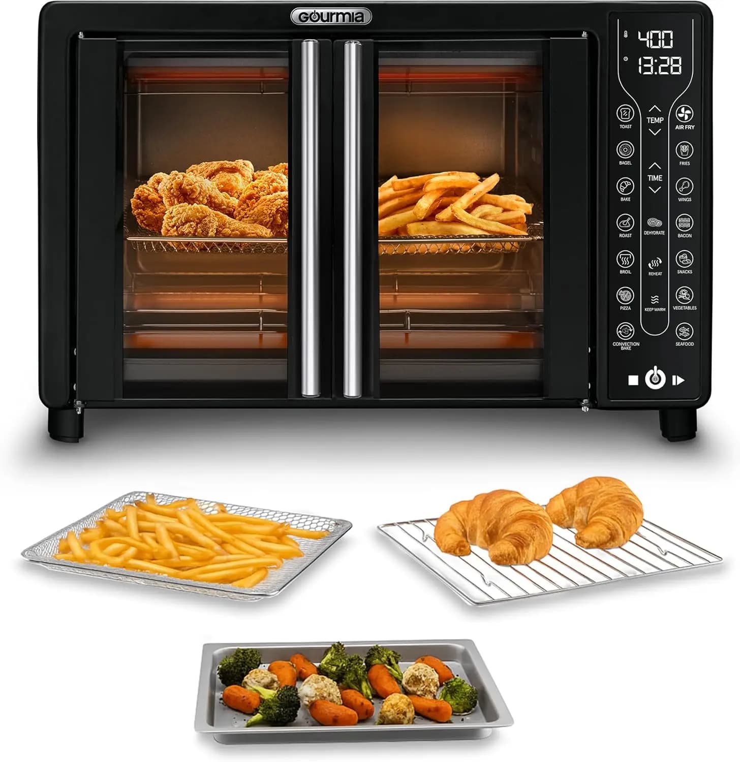 French Door Air Fryer Toaster Oven - 6-Slice Capacity, FryForce 360°, Digital Display with 17 Cooking Presets, Black