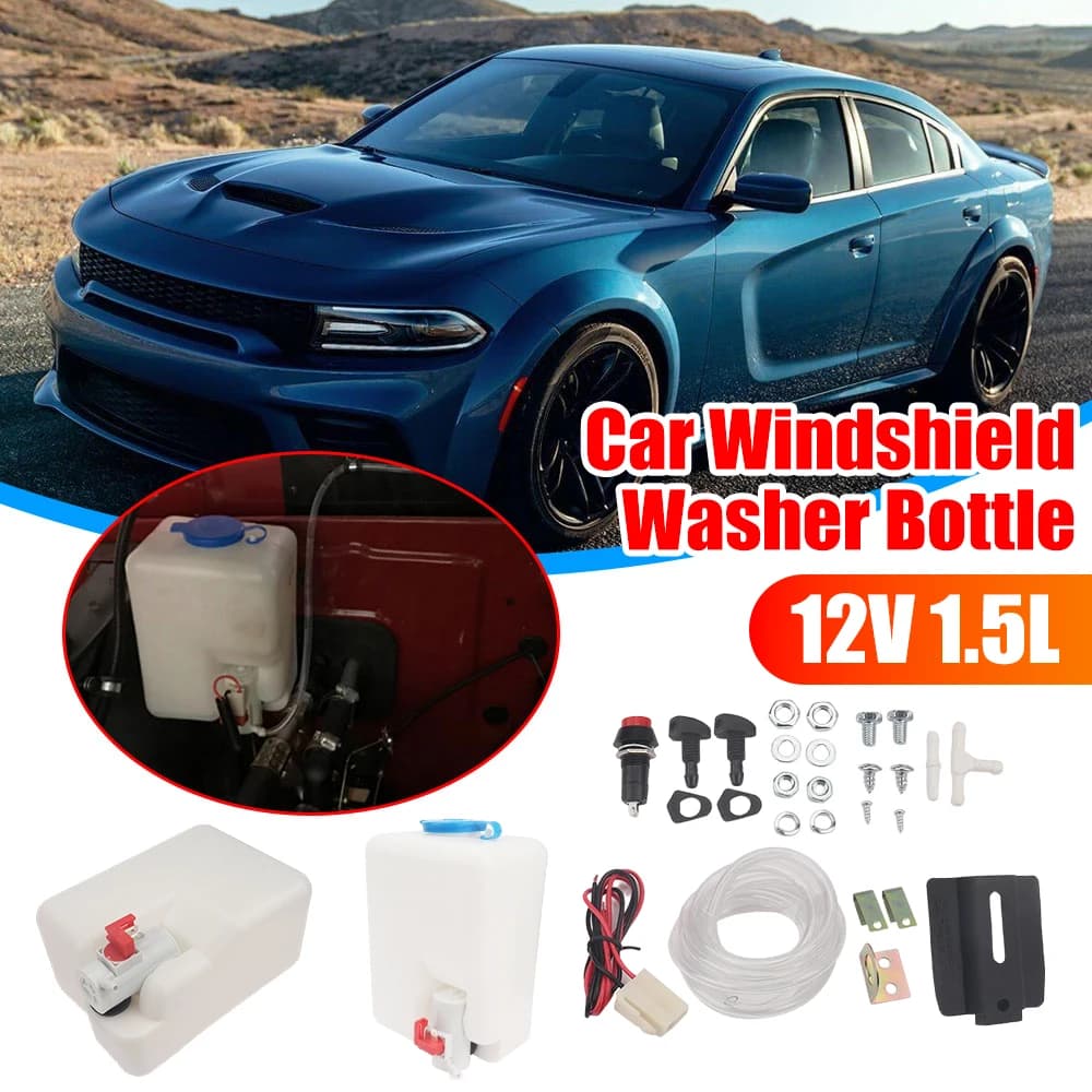 Set 1-2 Pezzi Serbatoio Lavavetri Auto 12V 1.5L, Sistema Tergicristalli, Pompa Lavavetri, Contenitore Liquido, Strumenti per Pulizia Auto