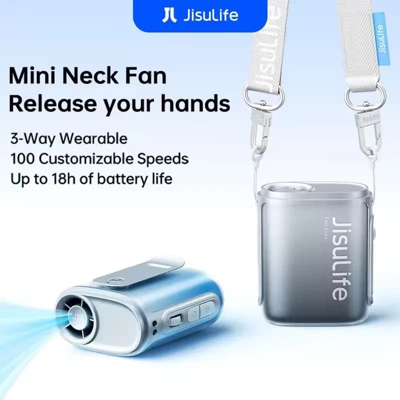 Ventilatore da collo portatile JISULIFE con batteria da 4500 mAh e 100 velocità, ventilatore da vita indossabile con display LED, ultraleggero e alla moda