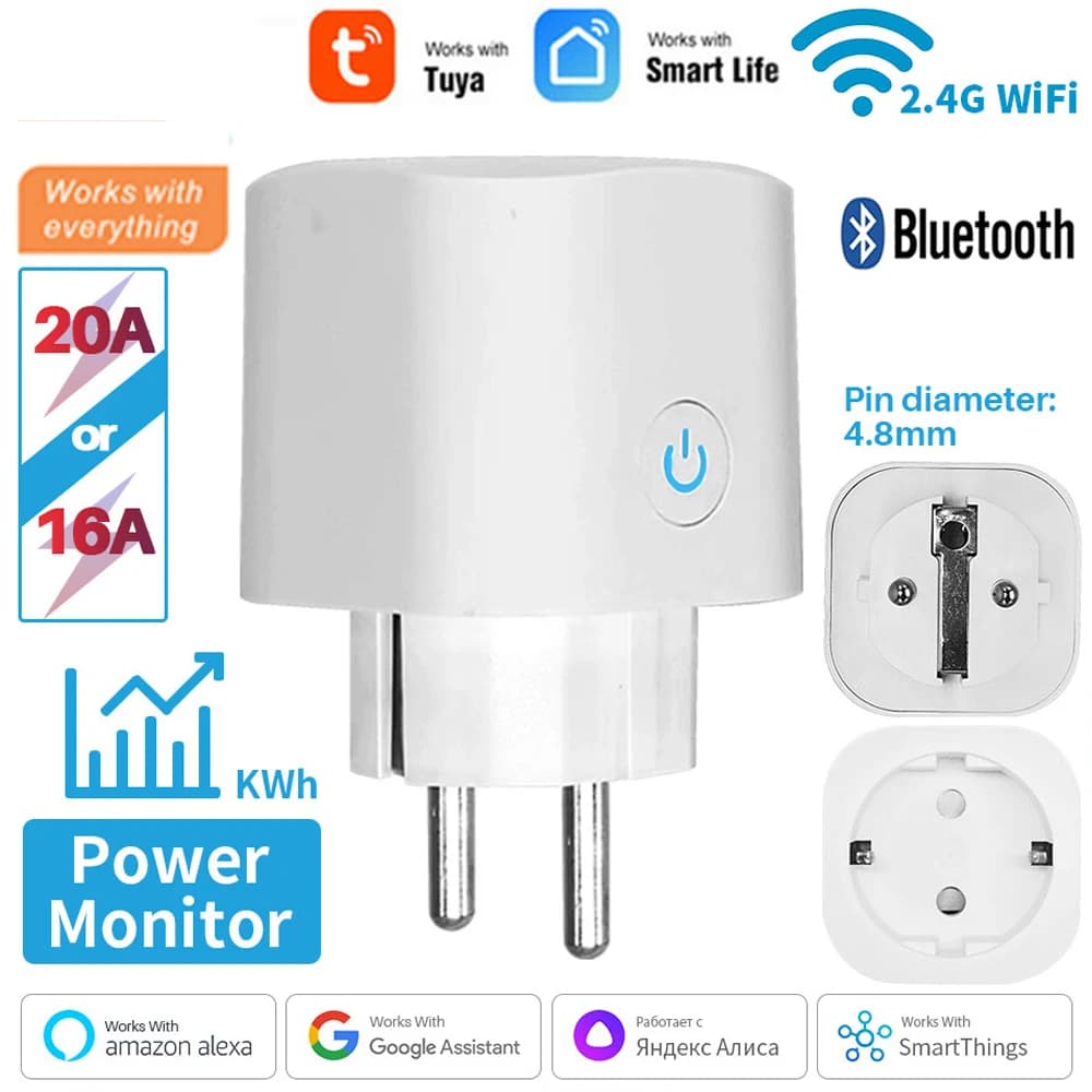 Presa Intelligente WiFi Standard UE 16A 20A, Monitoraggio Energetico in Tempo Reale, Timer Programmabile, Controllo Remoto tramite App Tuya/Smart Life