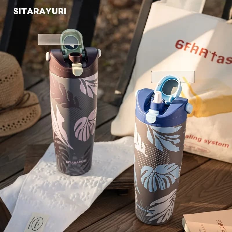 SITARAYURI 900ml Straw Insulated Cup 304 Stainless Steel Dual‑drink Thermal Mug Portable Sports Car Water Bottle with Carry Loop