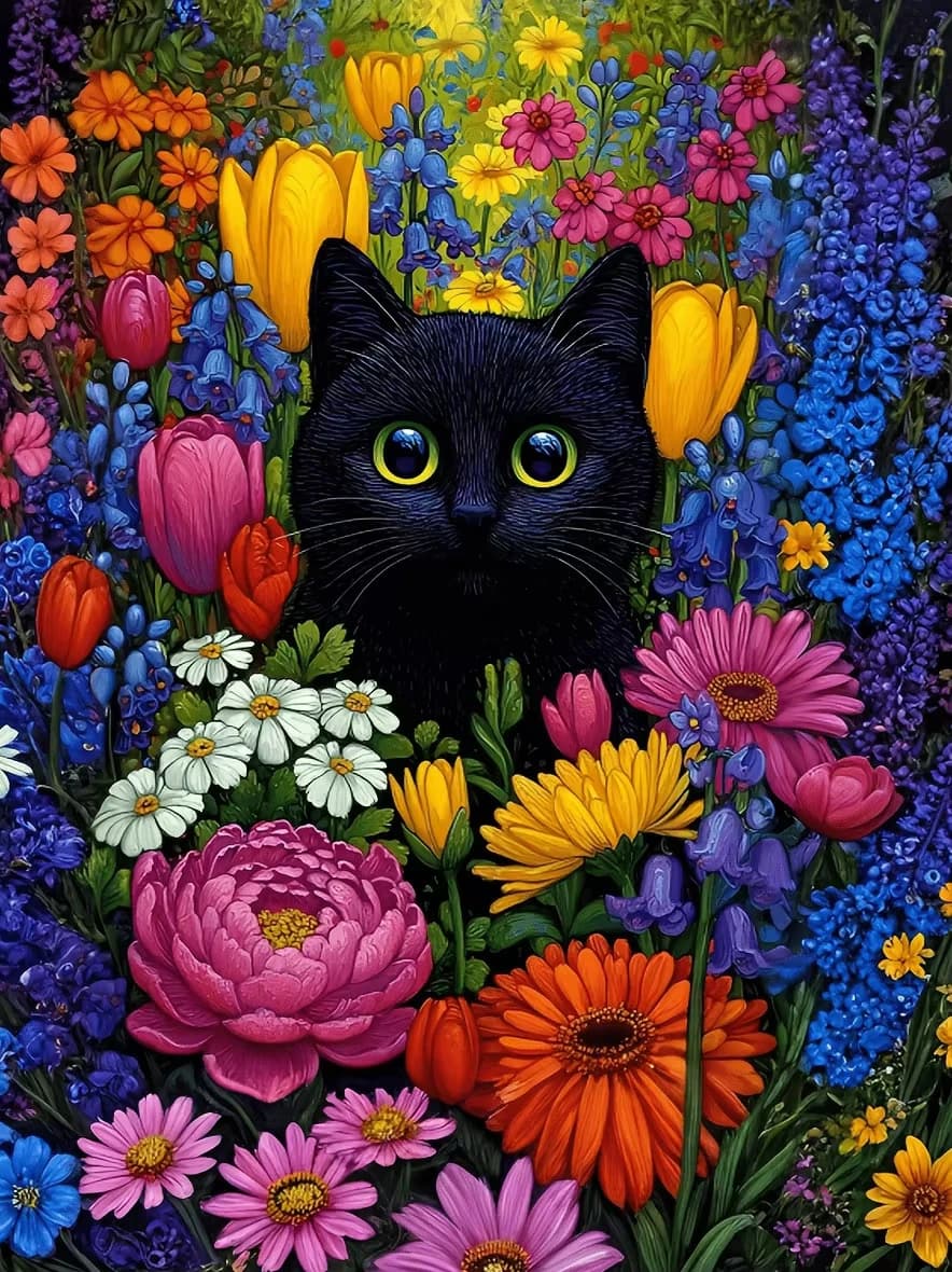 Cute Black Cat And Flowers 500/1000/1200/2000 PCS Jigsaw Puzzles Family Activity Relaxing Games for Room Home Decor Gift