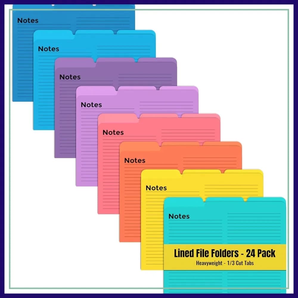 Confezione da 24 Cartelle a Righe, Linguette Tagliate a 1/3, 8 Colori Vivaci, Formato Letter 9,5x11,5 Pollici