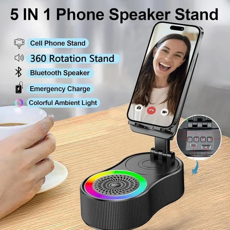 360°rotatable Adjustable FoldingLift-non-slip Phone Holder Wireless Speaker with Colorful Ambient Light 5.3 HDSurround Subwoofer