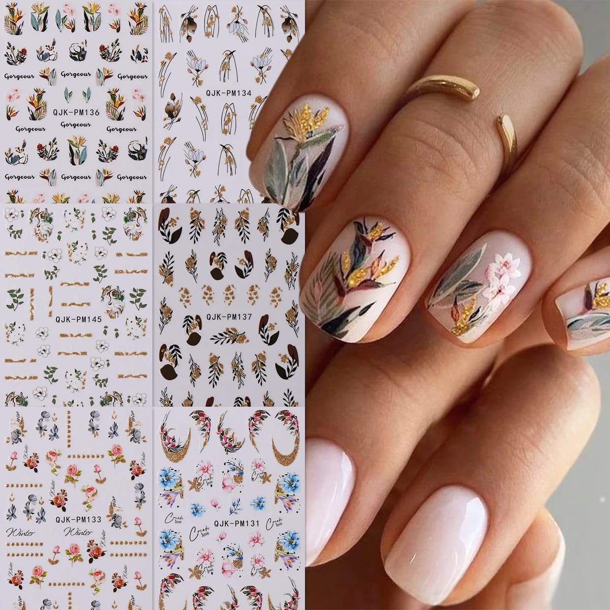 6 adesivi per nail art con fiori primaverili e erba glitterati, adesivi artistici, decorazioni per unghie facili da applicare, fai da te, regali, feste di matrimonio
