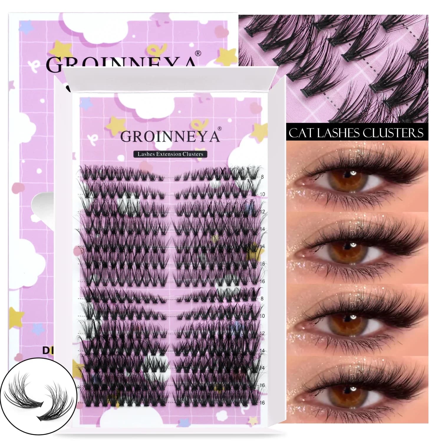 GROINNEYA Eyelash Clasp Kit Natural Cat Eyelash Elongated Eyelashes with winged ends with tie for eyelashes and sealing cluster kit Make yourself at home