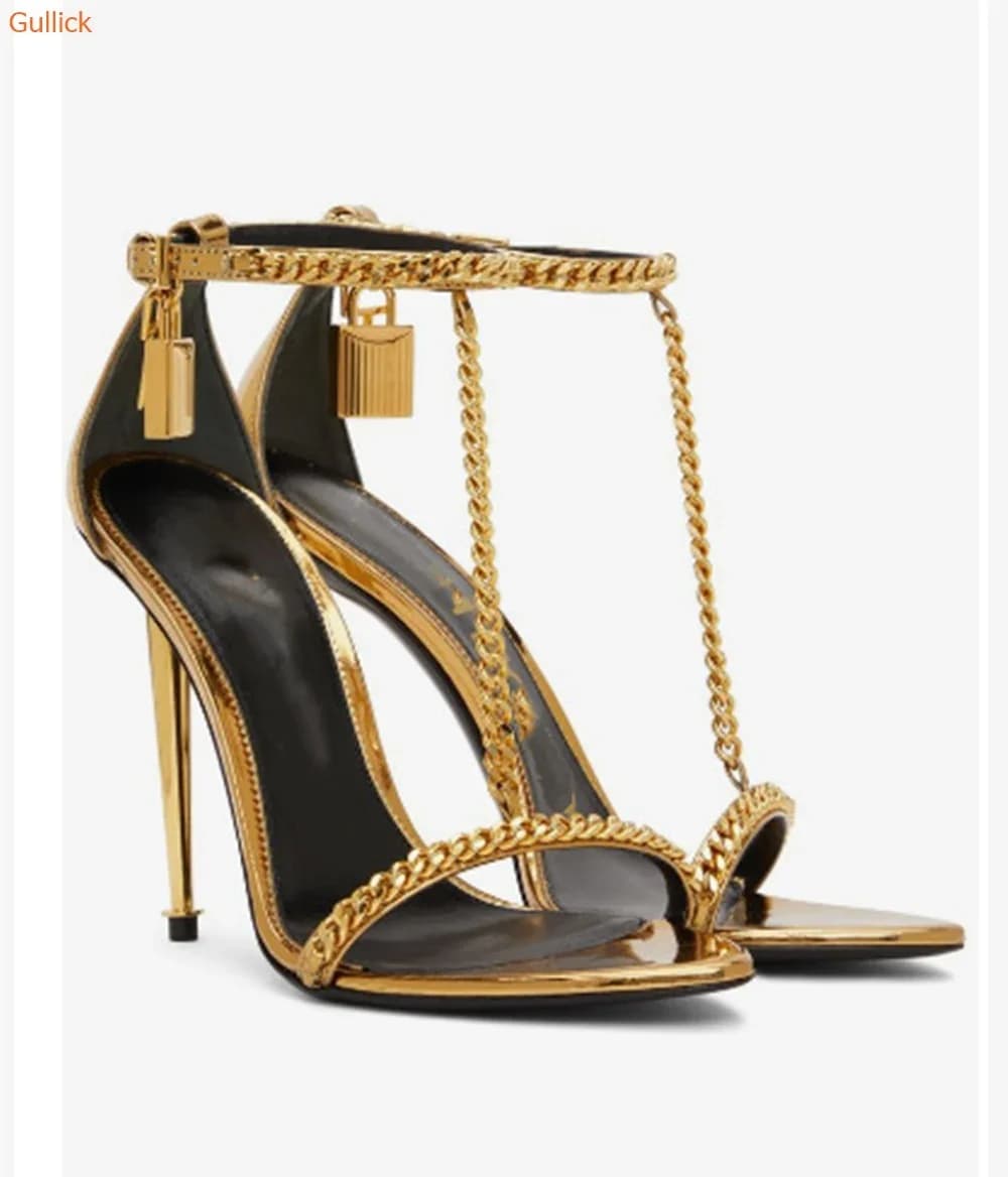 Sandali con tacco a spillo con chiusura a catena legata a T Punta a punta Cintura con una sola parola Scarpe con cinturino alla caviglia con tacco in metallo Sandali casual estivi da donna