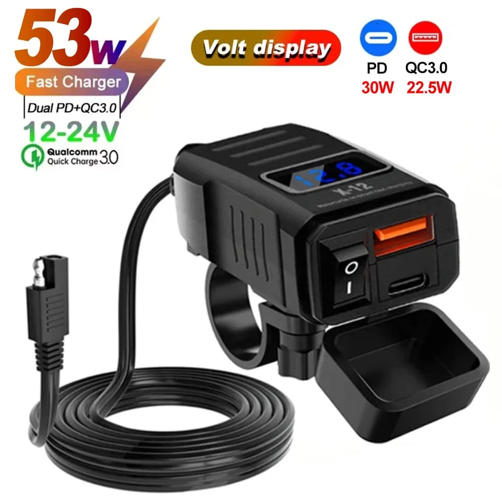 Caricatore USB per Moto PD QC3.0 Ricarica Rapida 60W 12-24V con Interruttore Voltmetro Impermeabile per Auto Moto ATV UTV Barca Camper