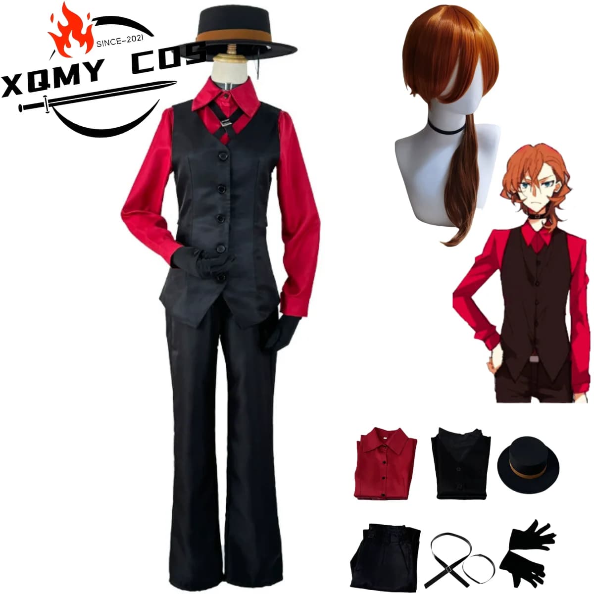 XQAnime Bungo Stray Dogs Beast Nakahara Chuuya Cosplay Costume Red Shirt Uniform Vest Hat Wig Man Carnival Christmas Suit