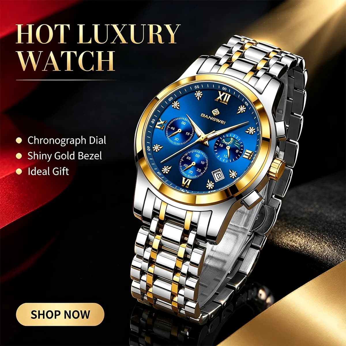 BANGWEI Gold Blue Luxury Men Watches Fashion Original Quartz Wristwatches Waterproof Luminous Steel Mens Watches Reloj Hombre