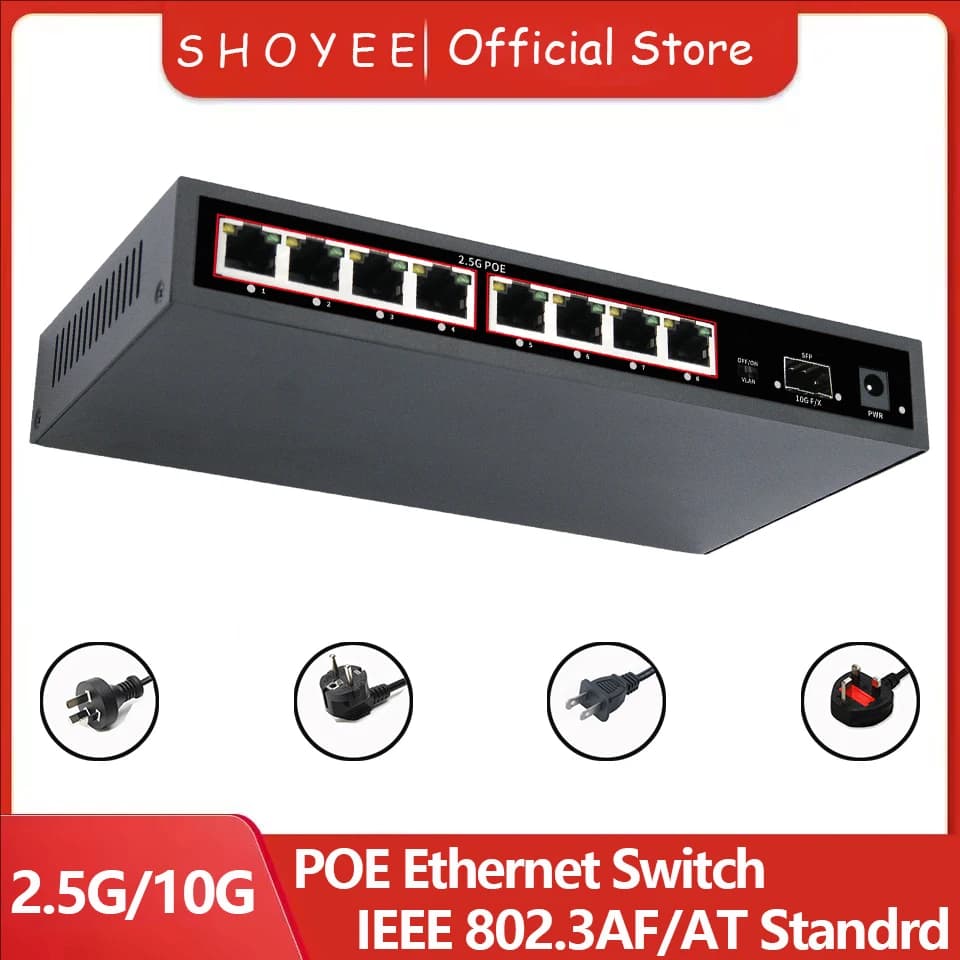 Switch Ethernet POE RJ45 a 9 porte Switch di rete SFP+ da 2,5 GbE 10G con plug and play non gestito Uplink, per telecamera IP/NVR
