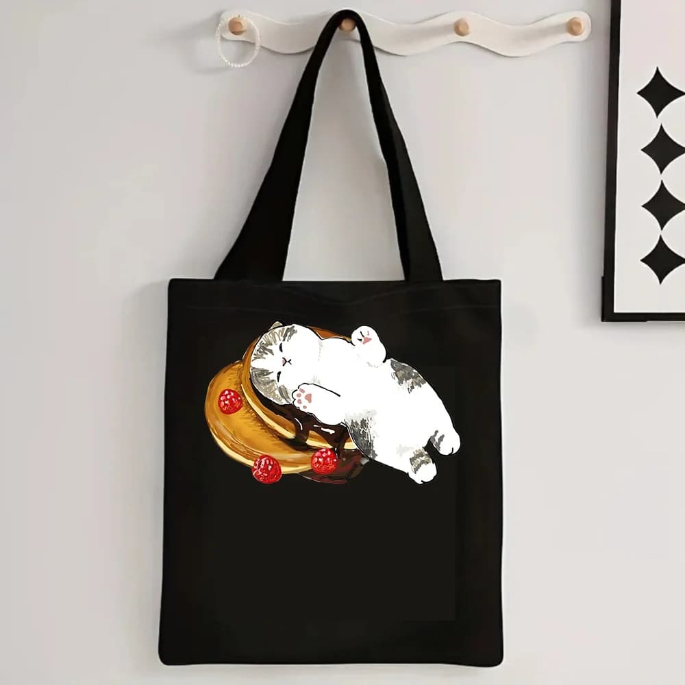 Kawaii Cat Pancake Print Canvas Shoulder Bag Fashion Casual Tote Handbag For Ladies Daily Commute