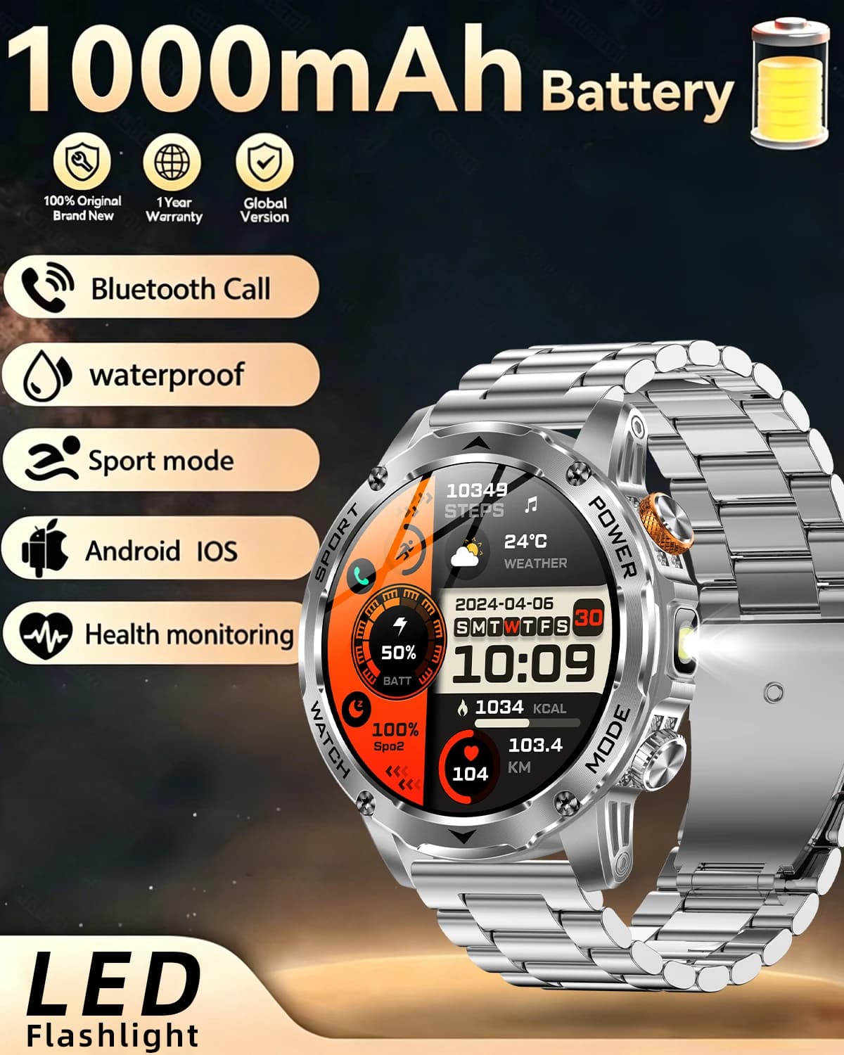 Fitness Track Military Smart Watch Batteria da 1000 mAh IP68 Torcia impermeabile Cardiofrequenzimetro Sport Smartwatch da uomo per Android IOS