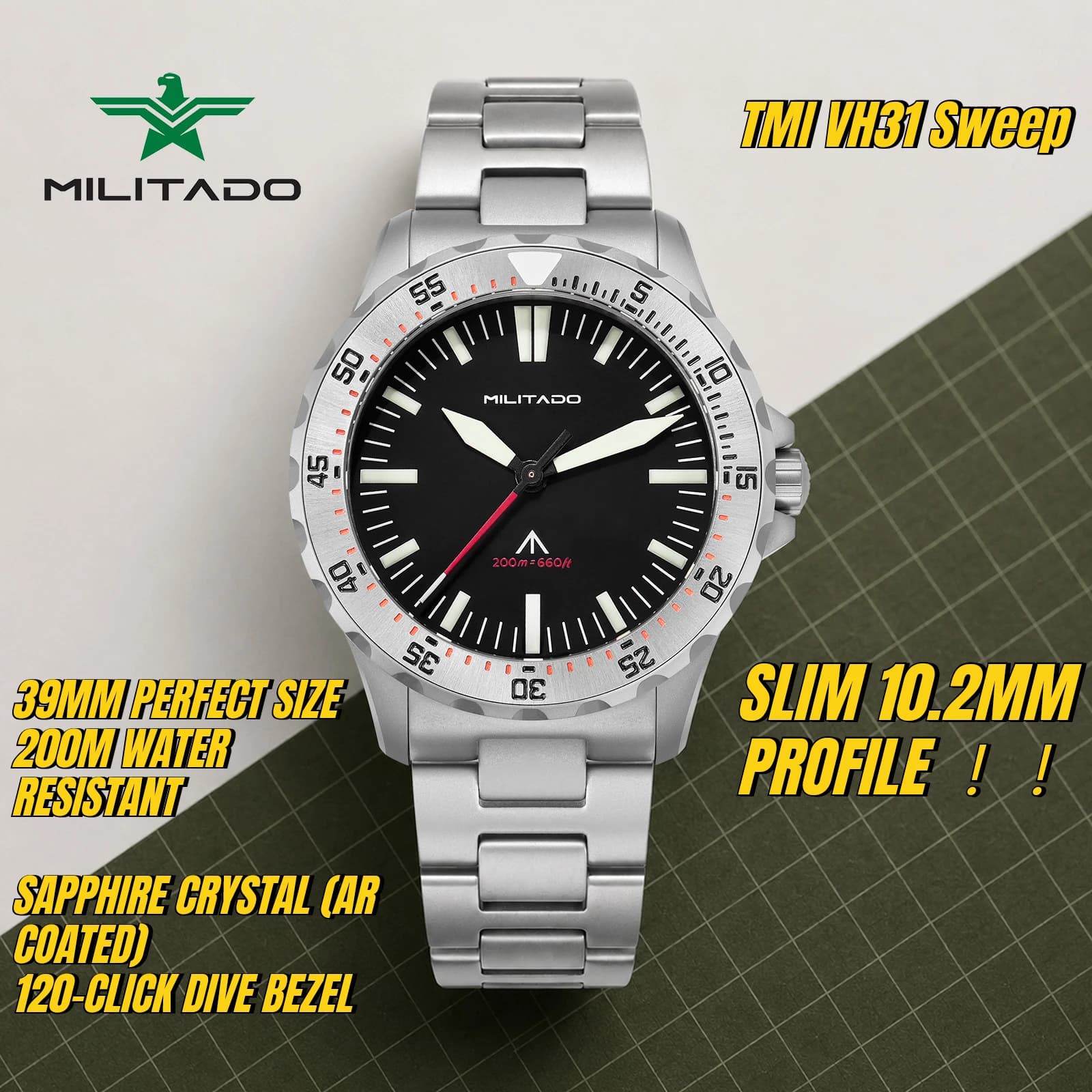Militado ML16 39mm Underwater Watch at Quartz, Sapphire Glass, Water Resistant 200M, Ceramic Iron, Luminescence BGW9, Vine Crown
