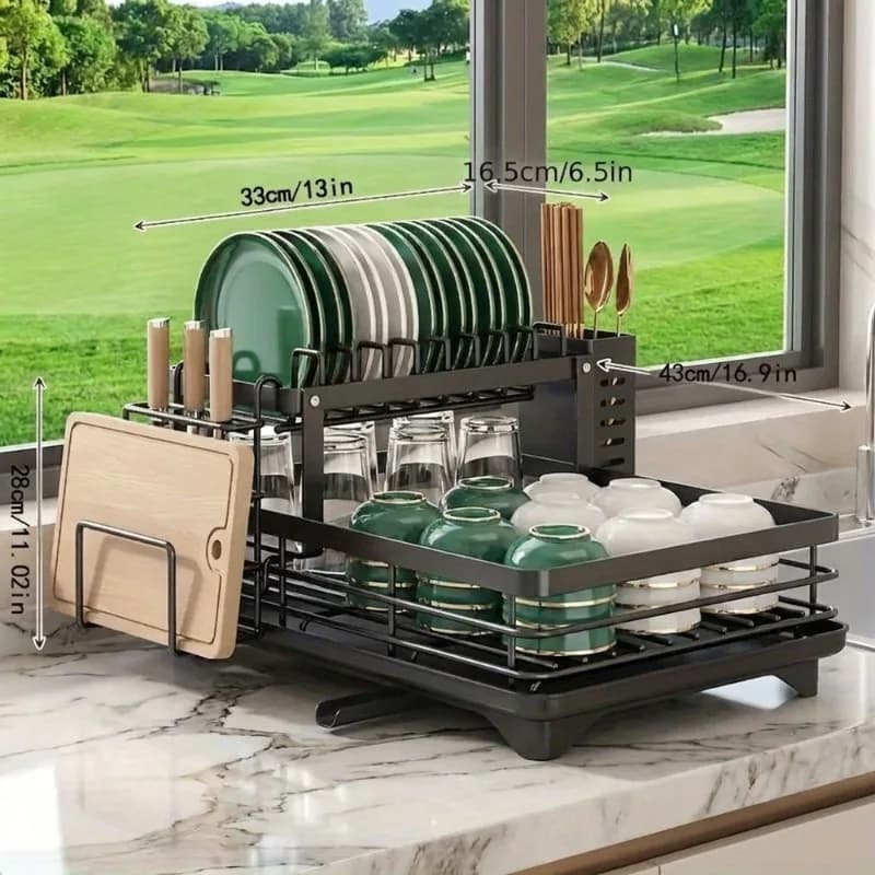 2-Tier Large Dish Drying Rack Durable Rust-proof Kitchen Counter Organizer Dish Rack With Utensil Holder Cutting Board Stand Drainboard For Kitchen Countertop