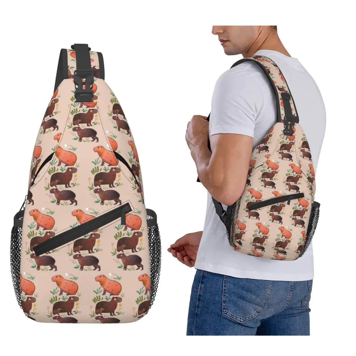 Capybara Cute Green And Brown Animal Illustration Chest Bag Men Sling Crossbody Backpack Chest Bag Hiking Daypack Shoulder Bag