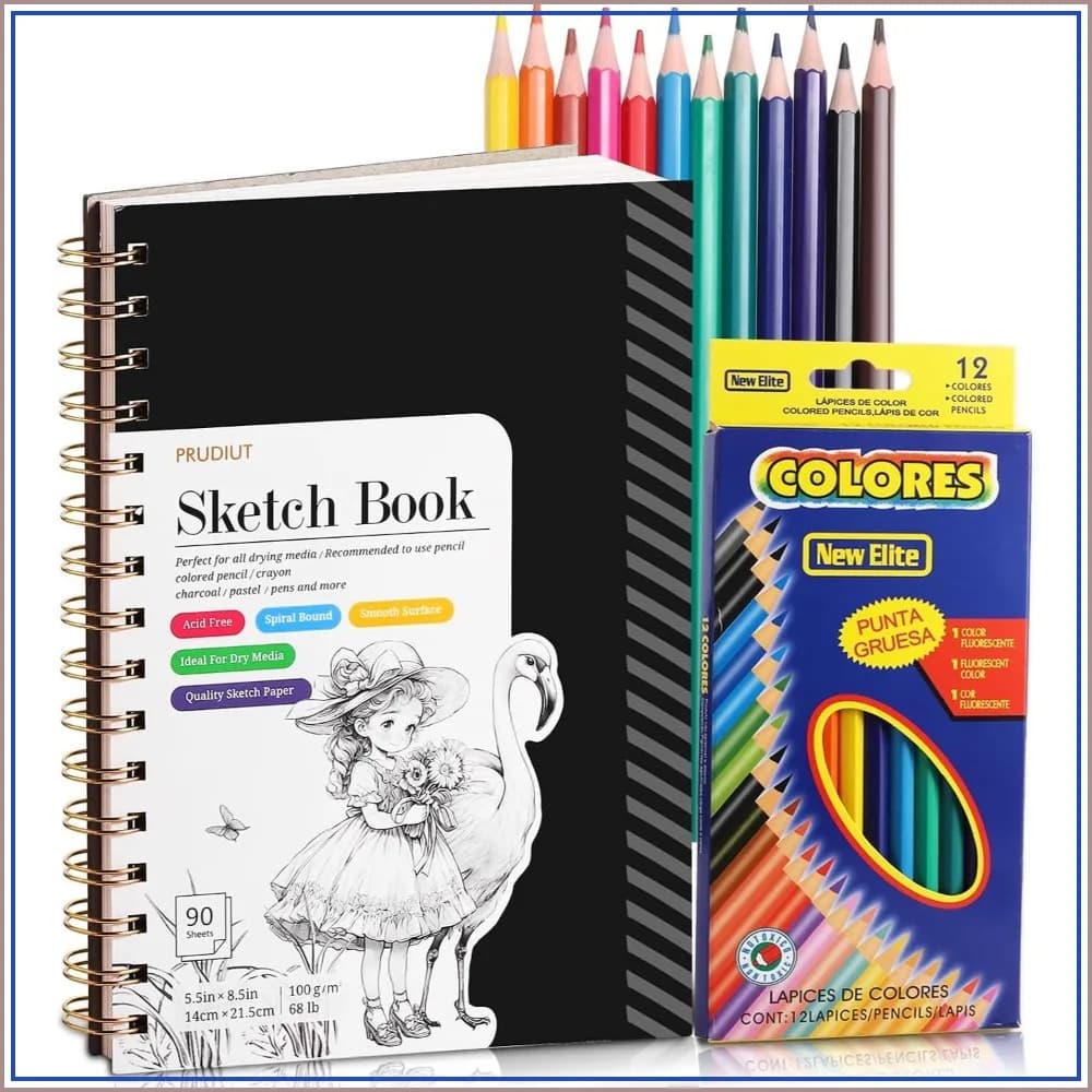 Sketch Book with 12 Color Pencils, 90 Sheets Spiral Sketchbook, 100gsm Acid-Free Paper, Art Supplies for Drawing, 5.5x8.5 inch