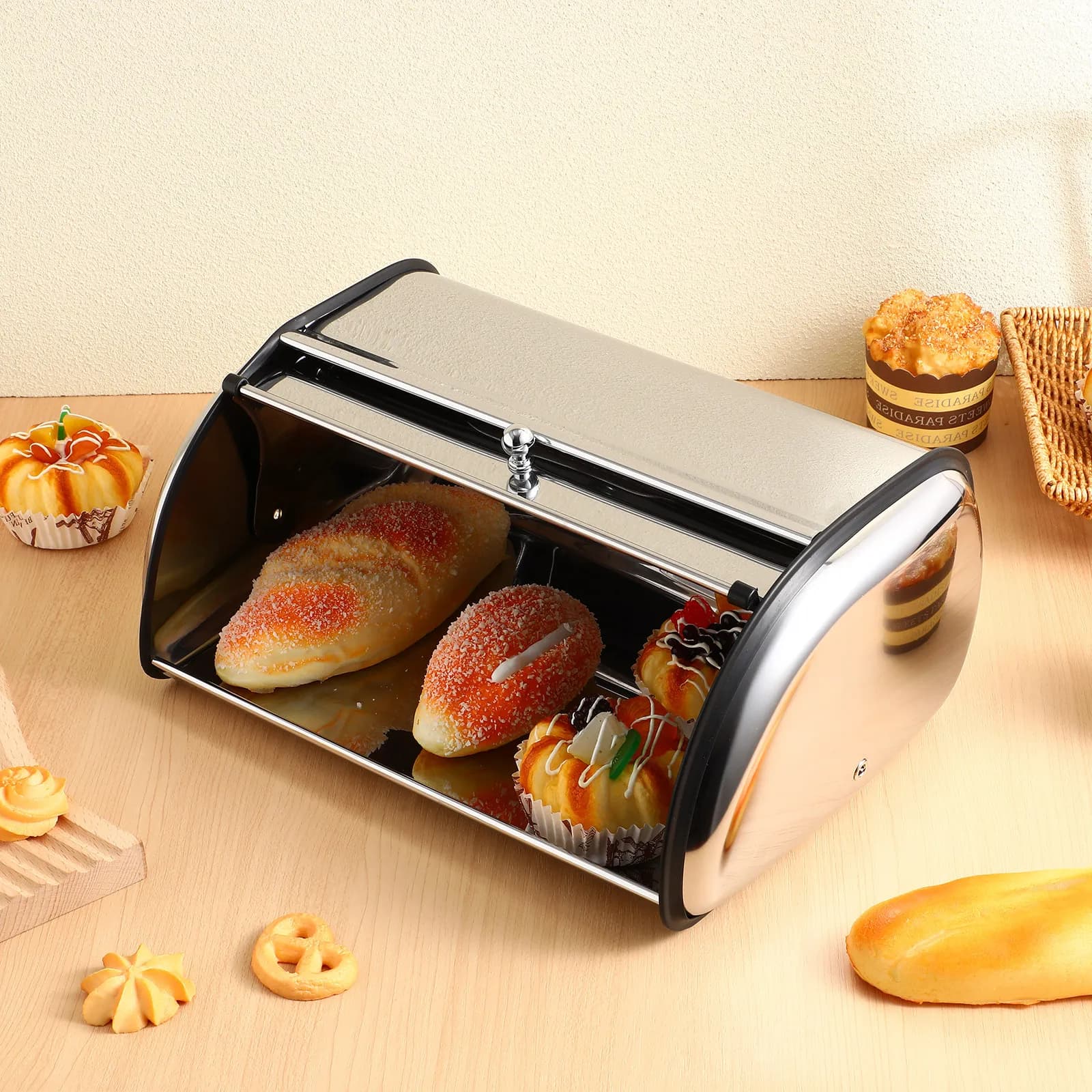 Contenitore per Pane in Acciaio Inox Ermetico, per Conservazione in Cucina, per Pane, Biscotti, Cioccolato, Uso Domestico e per Caffetterie