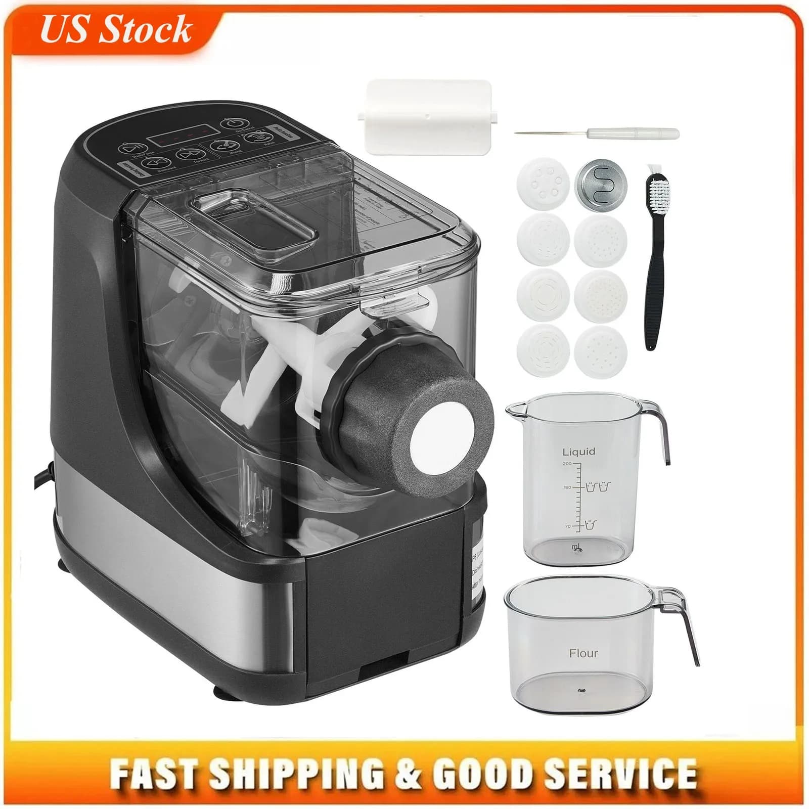 Electric Pasta Maker, 150W Automatic Noodle Maker Machine with 8 Pasta Shapes, 4 Intelligent Modes, 500g Flour Capacity Pasta Maker Machine with Measuring Cups, Cleaning Brush for Home Kitchen, Black