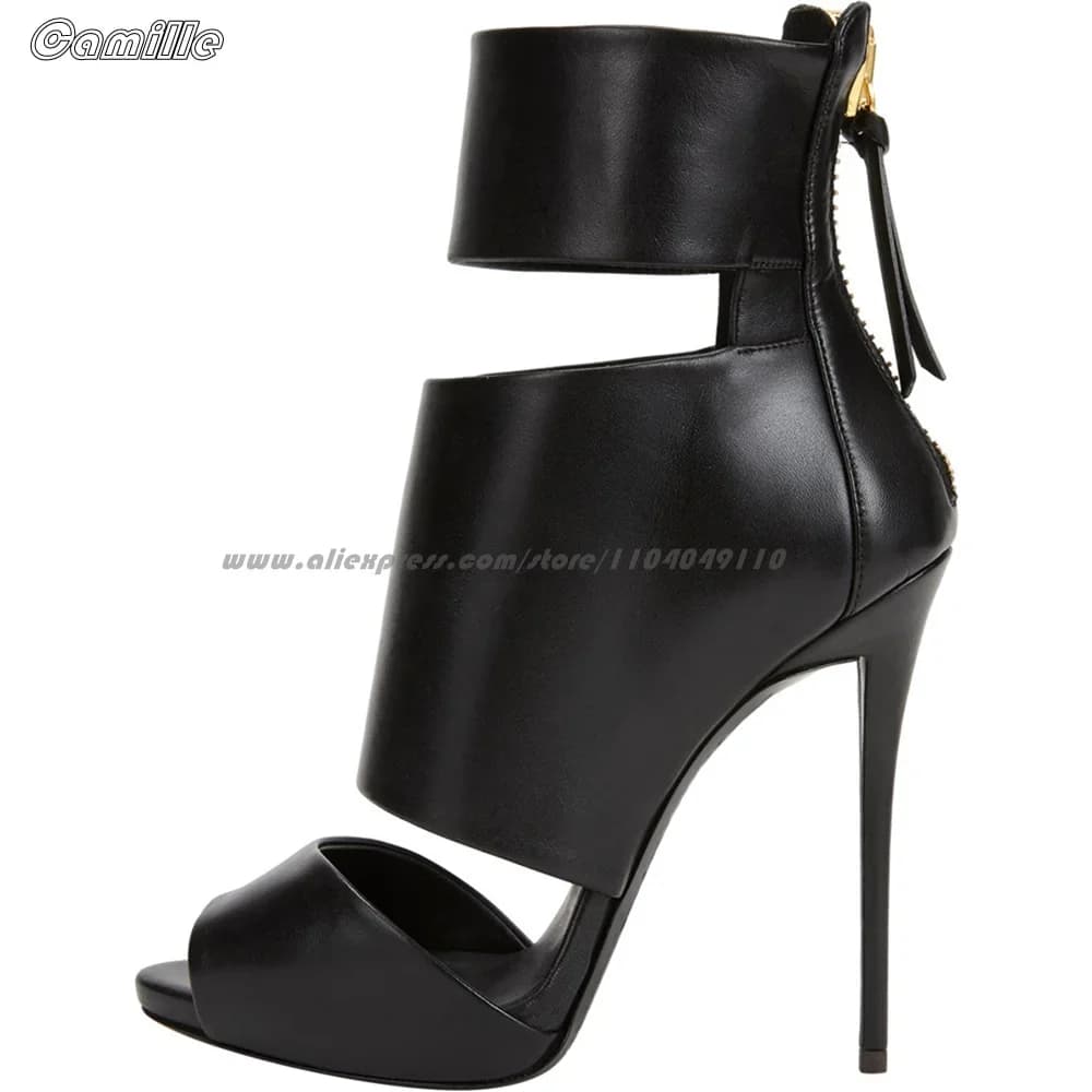 Black Open Toe Back Zip Hollow High Heel Sandal Boots Size 34-46 Catwalk Style Sexy Lady High Heels Mid Calf Fish Mouth Shoes