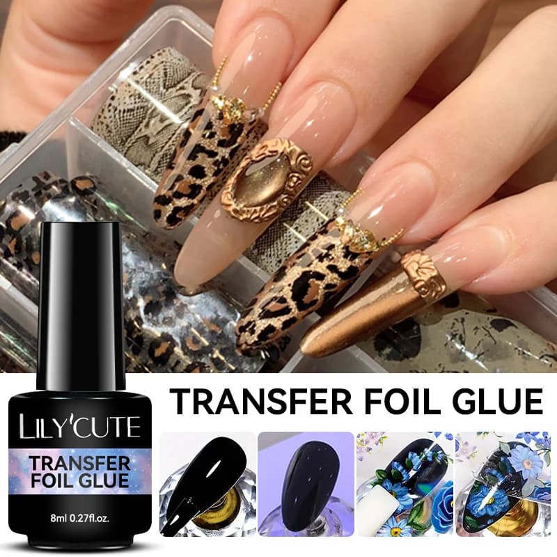 LILYCUTE 8ML Colla per stagnola di trasferimento per unghie stellate Vernice semipermanente per adesivo Colla per unghie Soak Off UV LED Gel per unghie