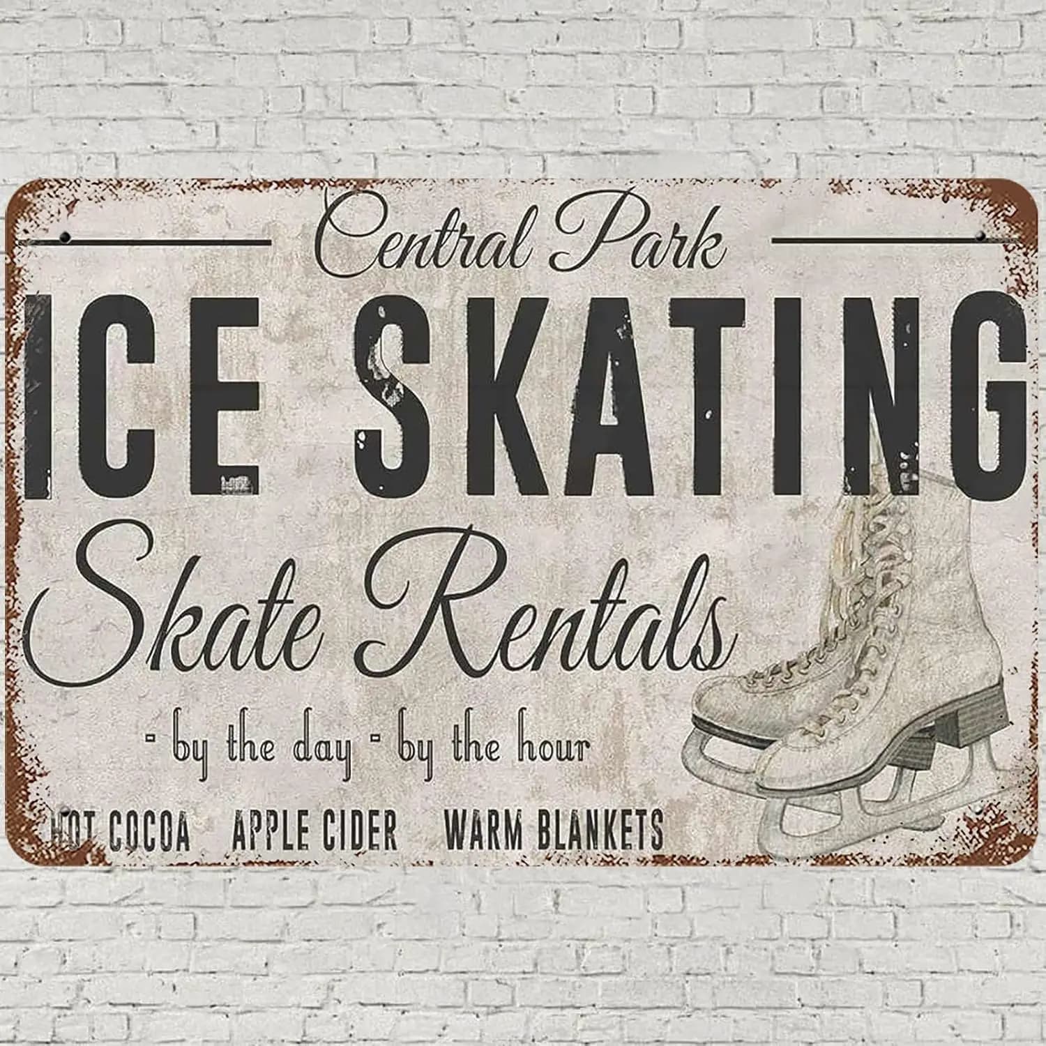 Vintage Metal Tin Sign , Central Park Ice Skating Wall Art Decor, Skate Rentals Ice Skate Theme Poster for Home Living Room Bedr
