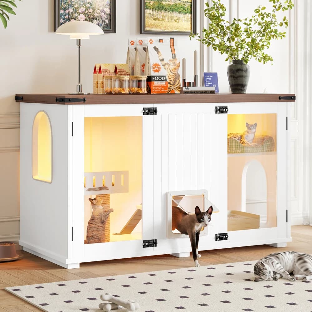 Ye 46" Farmhouse Cat Litter Box Enclosure with Sliding Barn Door, White Large Hidden Acrylic Door Cat Cabinet with LED Light, Cat Washroom Furniture with Storage, Cat House Nightstand