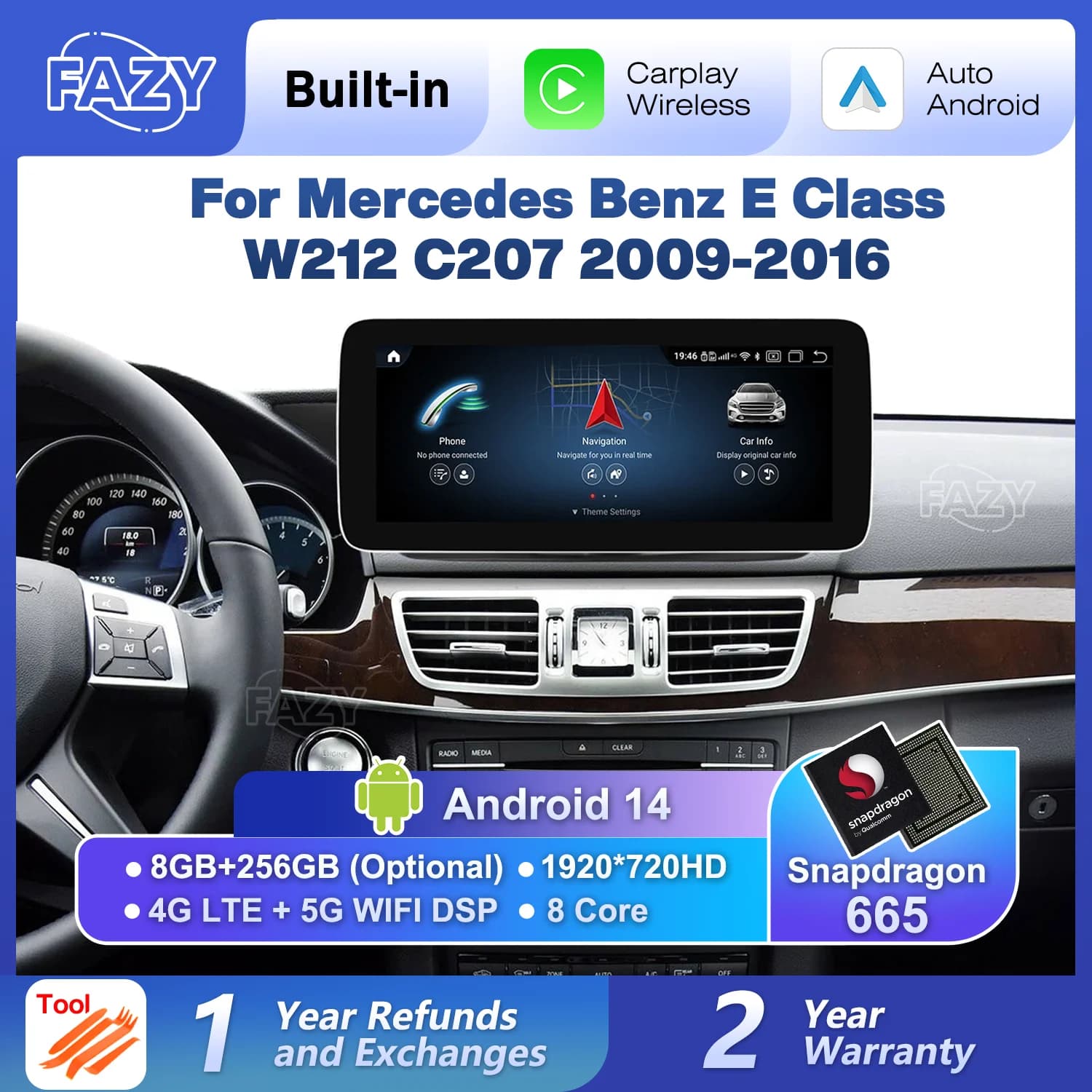 Android 14 Touch Screen Screen with CarPlay Wireless for Mercedes Benz E Class W212 C207 2009-2016, Radio Android Auto with Multimedia Navigation