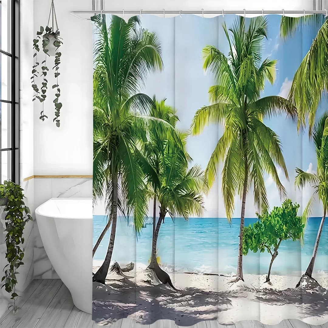 Tenda da doccia con albero di cocco Ocean Beach, tenda da doccia decorativa per bagno, tenda da doccia impermeabile con ganci