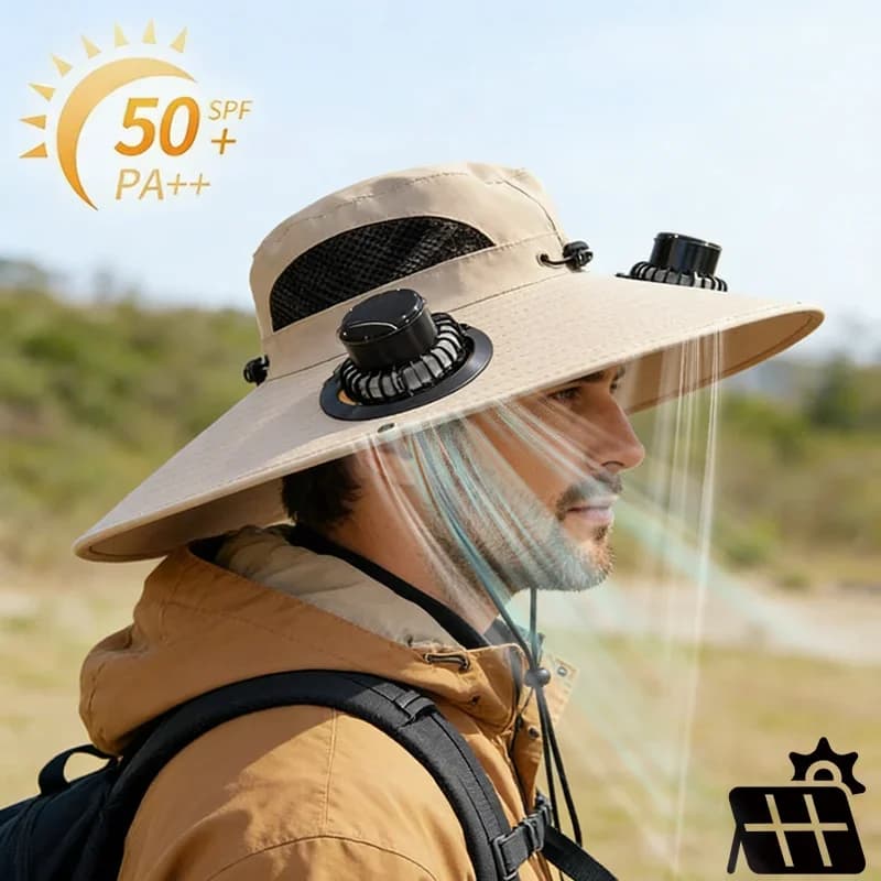 Cappello Solare con Ventilatore per Uomo e Donna, Cappello da Pesca a Tesa Larga, Impermeabile e Traspirante, Cappello Rinfrescante Solare per Escursionismo e Campeggio