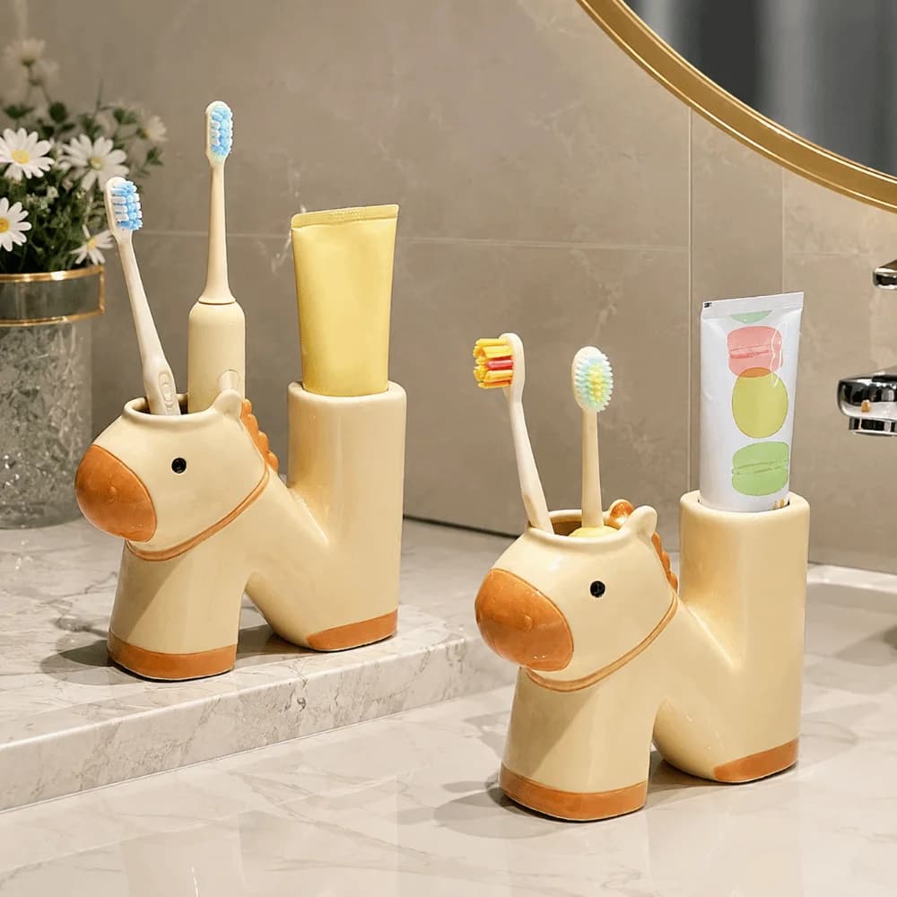 Ceramic Pony Toothbrush Holder 2 Slot Creative Toothpaste Toothbrush Rack Horse Cute Toothbrush Storage Rack Home Decor