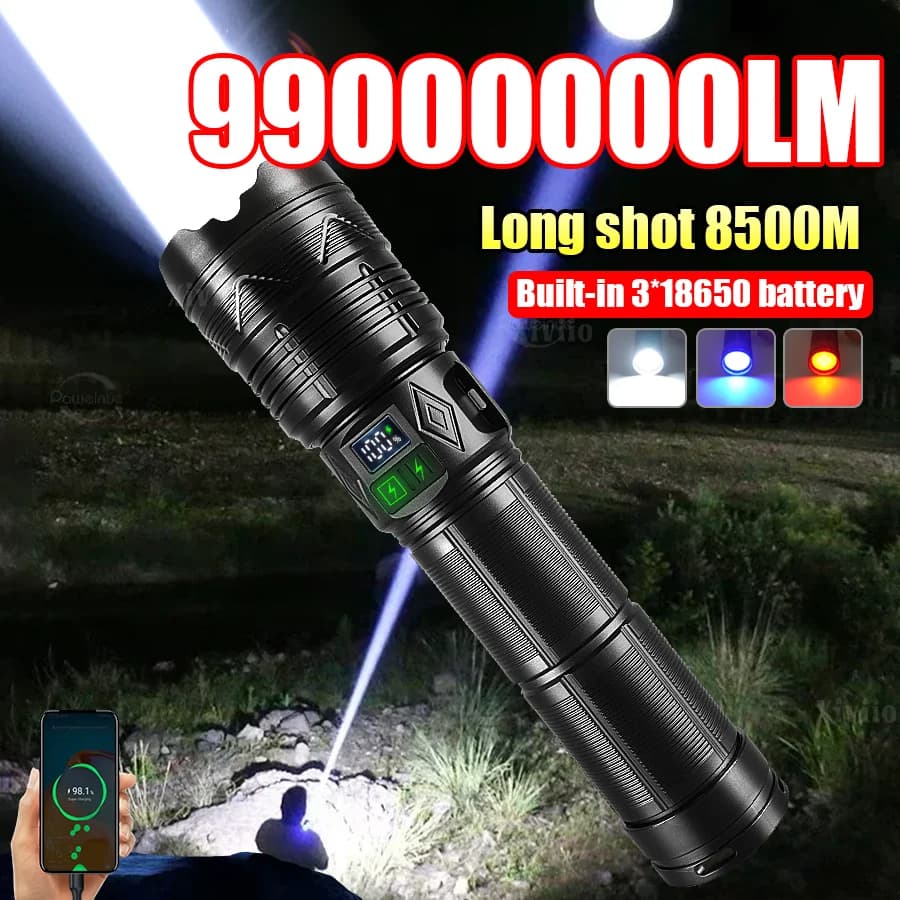 Torcia LED 99000000LM più potente, portata lunga 8500M, torcia tattica per pesca e caccia, ricaricabile tramite USB-C.