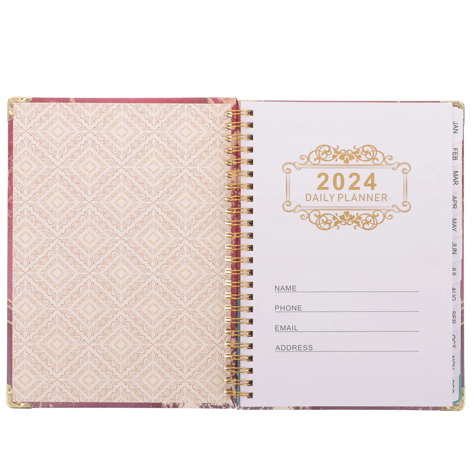Agenda a Spirale in Inglese 2024, Elegante Planner con Rilegatura a Spirale, Taccuino per Monitoraggio Fitness e Pianificazione Giornaliera