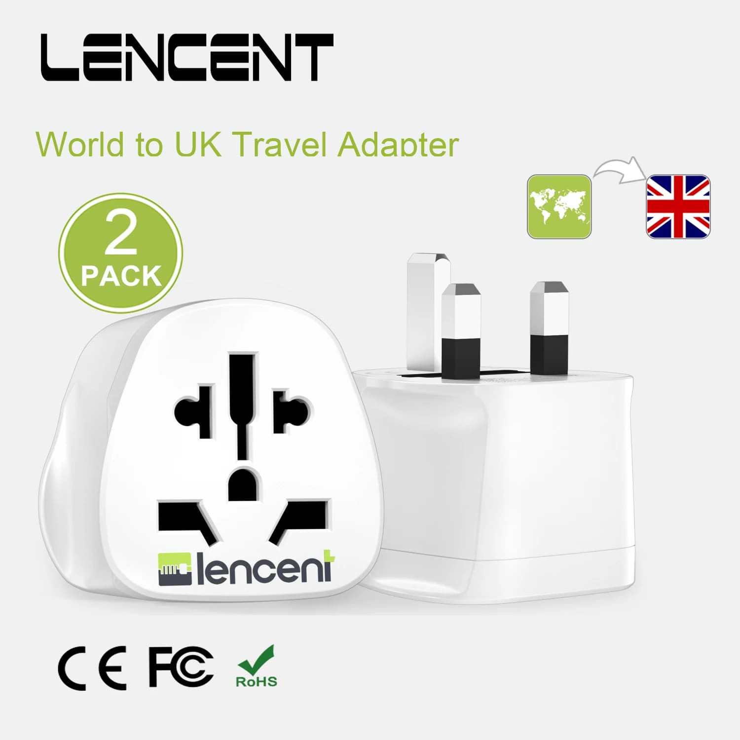 LENCENT 2 PCS World to UK Travel Adapter protezione da sovraccarico converti World Plug in UK presa a terra presa a muro per viaggi/casa