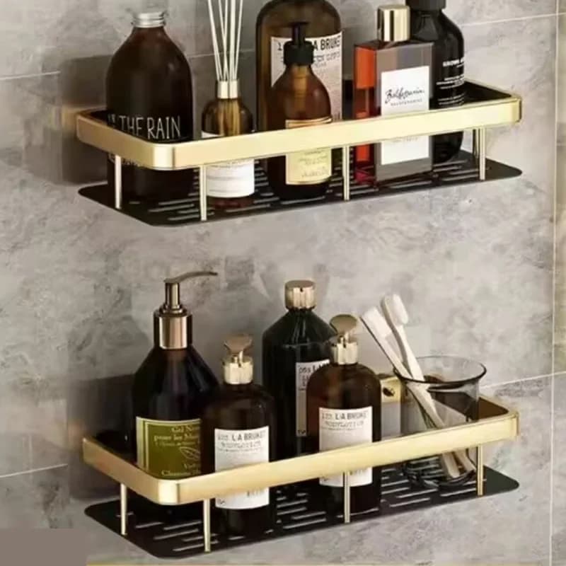 Mensole doppie in alluminio dorato senza fori per punzonatura Organizzatore di stoccaggio per cucina da bagno Durevole Facile da installare Salvaspazio Design moderno