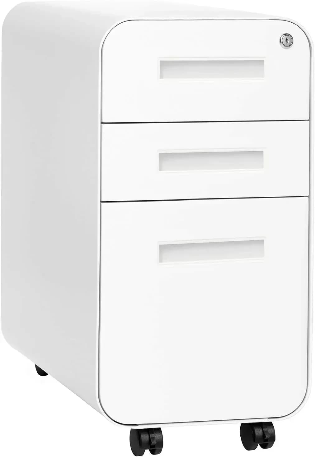 Armadietto Mobile Slim a 3 Cassetti con Serratura - Archivio in Metallo Sotto Scrivania, per Cartelle Formato Legale/Letter, con Ruote e Serratura