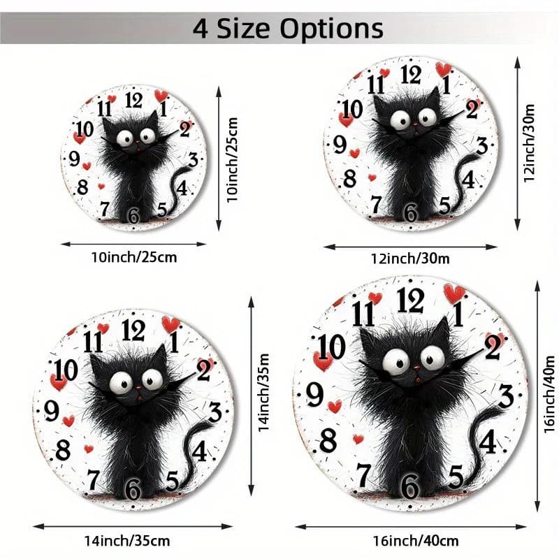 1pc Silent Wooden Wall Clock/Non-Ticking Decorative Circular Clock/Whimsical Black Cat Design for Kitchen, Bedroom, Living Room, Stairwell, Laundry Room/10" 12" 14" 16" (No Battery)